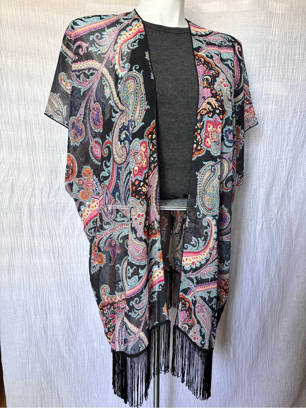 Black Paisley Fringed Slightly Sheer Kimono Wrap